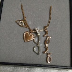 Gold Charm Necklace with Heart and Eye Accents